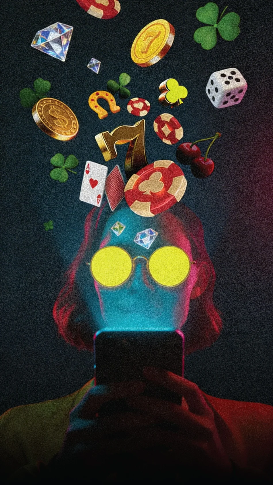 Casineo-Motiv mit Smartphone, gelber Brille und Spielsymbolen
